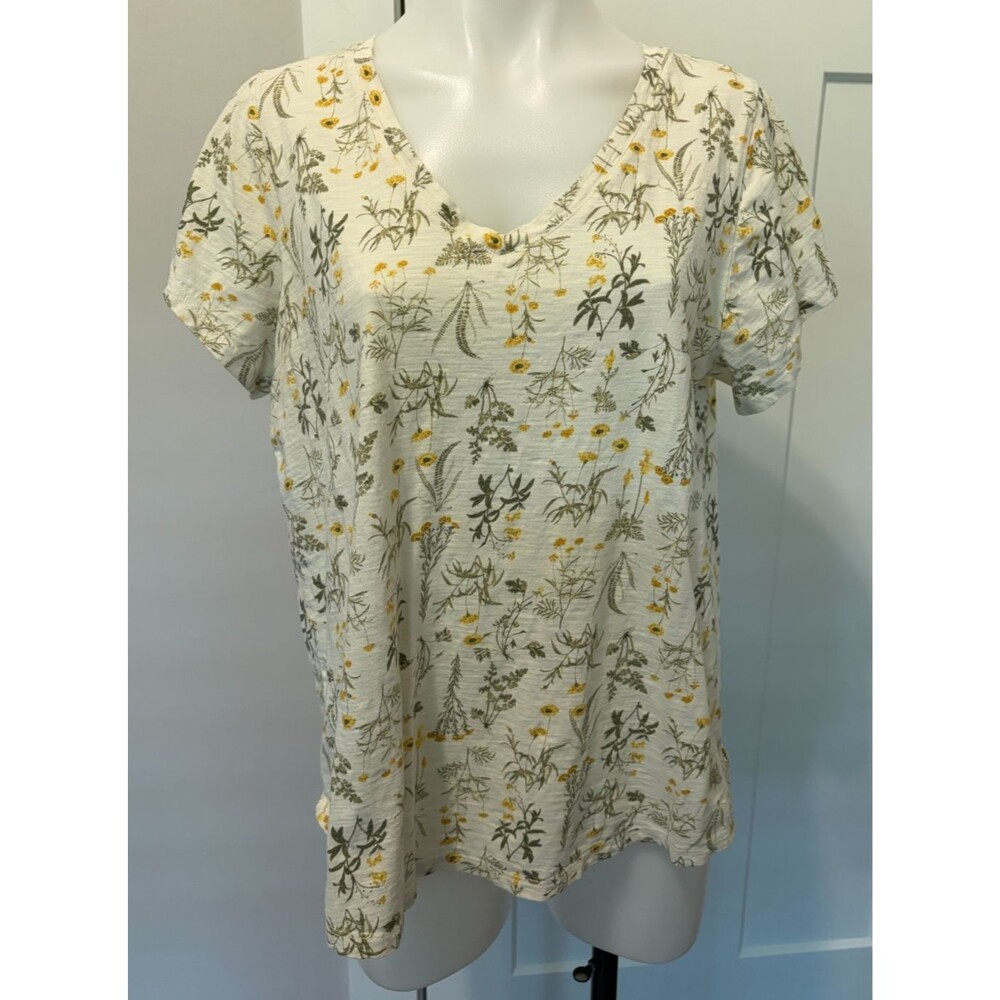 Lucky Brand Womens Knit TOP Short Sleeve Ivory Green Yellow Floral Size 1X